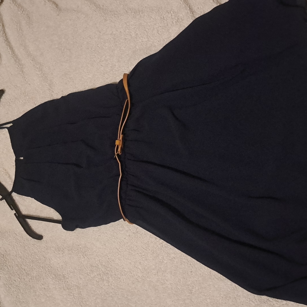 Sleeveless navy, belted mini dress